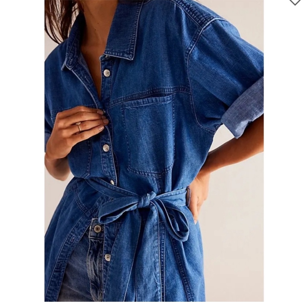 Free People Western Bohemian Oversized Jenny Denim Tunic Top Dress Medium Wash M - Picture 4 of 16